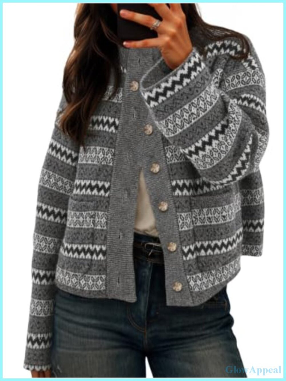 Women's Fair Isle Cardigan Long Sleeve Mock Neck Knit Sweater